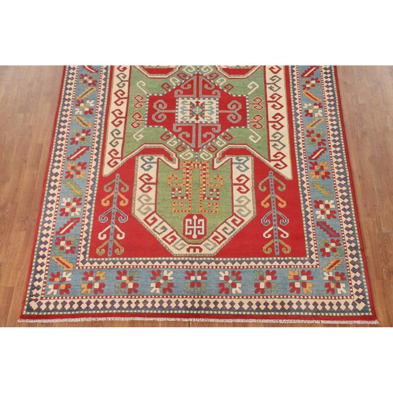 Green & Red Kazak Area Rug Hand-Knotted Wool Carpet - 6'7" x 9'7"