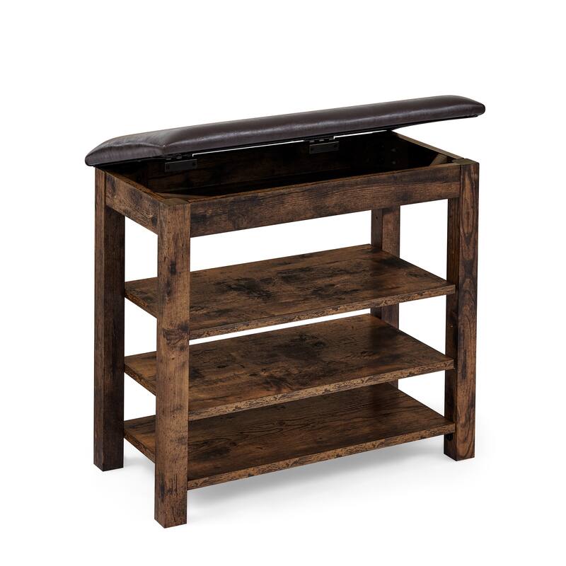 Roomfitters Height Adjustable Wooden Shoe Bench with Cushion Seat and Concealed Storage Compartment, Charcoal Grain, Vintage