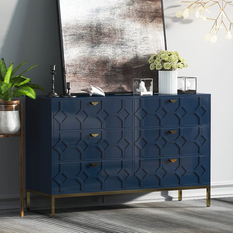 Clihome Wooden Storage 6 Drawer Double Dresser for Bedroom