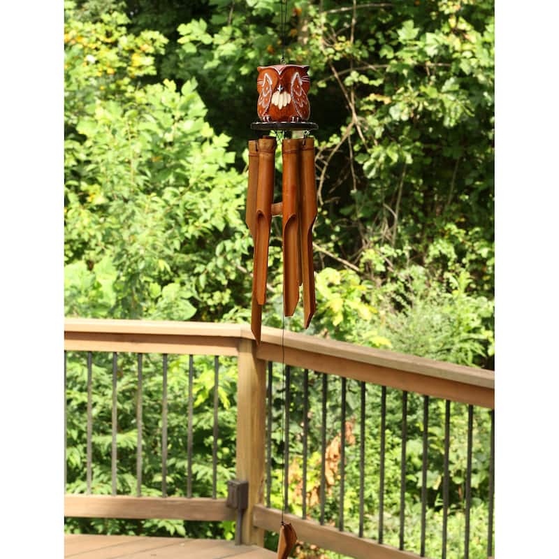 Handmade Wooden See No Evil Owl Bamboo Wind Chime Wood Statue Figurine Hoot Sculpture Art Rustic Patio Garden Outdoor Decor