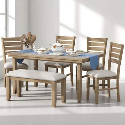 6-Piece Dining Set for 6, Rustic Wood Dining Table with 4 Chairs and Bench, Upholstered Seats for Kitchen or Dining Room