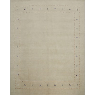 Hand Knotted Oriental 100% Wool Carpet Tribal Animal Pictorial Beige & Ivories Gabbeh Area Rug - 9' 7'' X 9' 9''