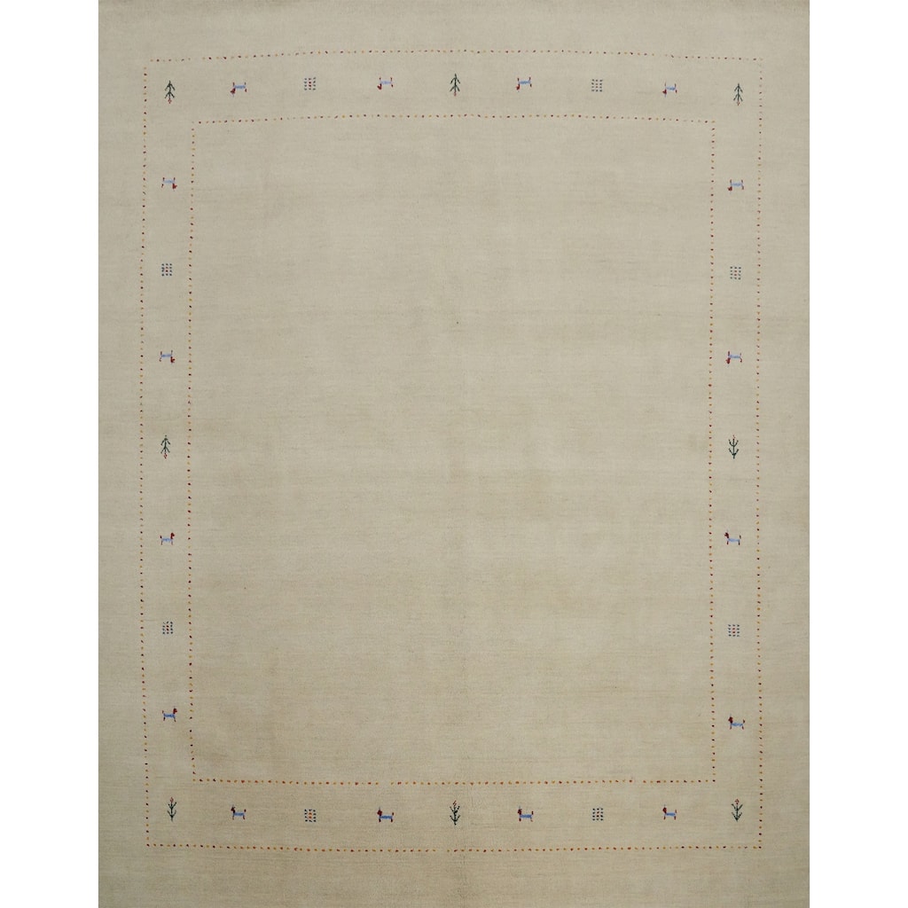 Hand Knotted Oriental 100% Wool Carpet Tribal Animal Pictorial Beige & Ivories Gabbeh Area Rug - 9' 7'' X 9' 9''