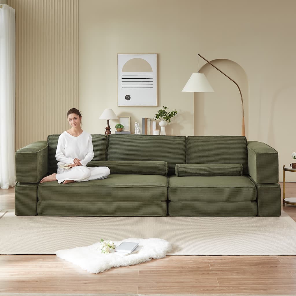 Foldable Floor Sofa Modular Play Couch, Toddler Couch for Playroom, Toddler Corduroy Sofa with Convertible Foam Cushion
