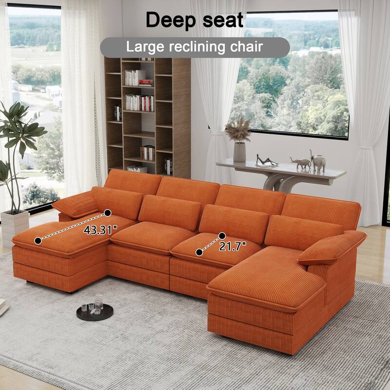 111.8" U-Shaped Cloud Sectional, 4-Seater Corduroy Upholstered Sectional with Recliner and Cushions