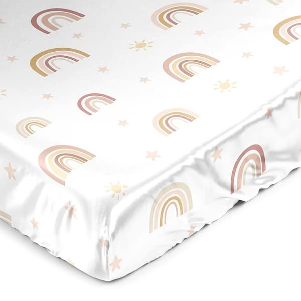 slide 2 of 6, Sweet Jojo Designs Boho Rainbow Girl Satin Fitted Crib Sheet Blush Pink Yellow Bohemian Modern Neutral Vintage Gold Mauve Beige