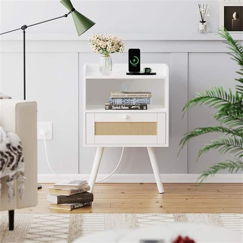 Nightstand with Solid Wood Feet - white