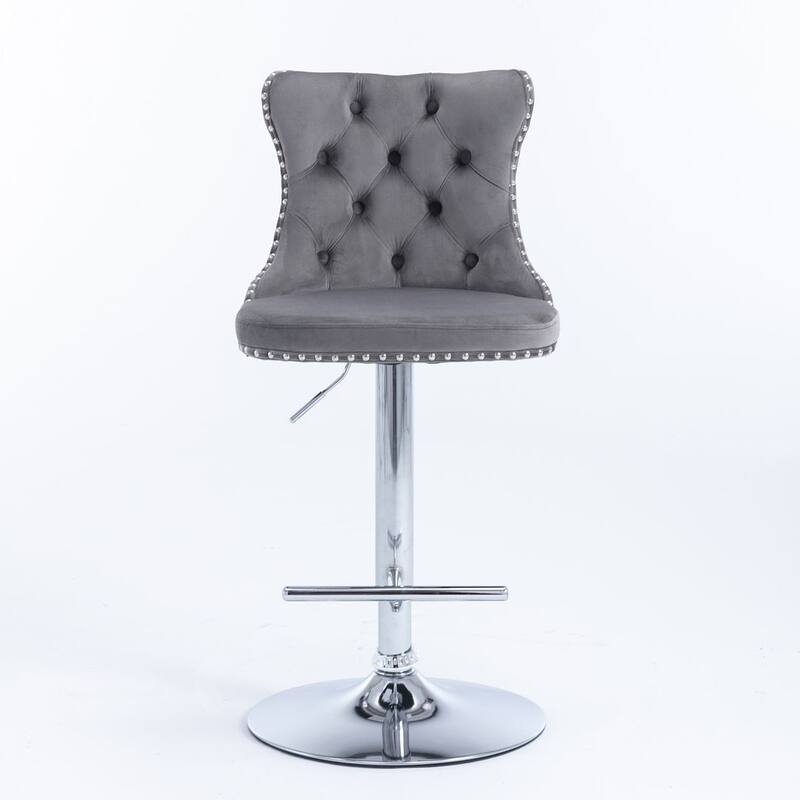 Bar stools with Backs Luxurious Velvet Swivel - Adjustable Height, Set of 2 - Silver + Gray