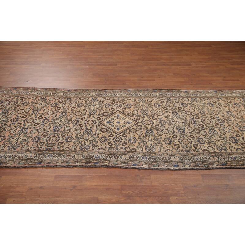 Hand Knotted Oriental 100% Wool Carpet Traditional Geometric Peach Hamedan Runner Rug - 11' 3'' X 3' 6''