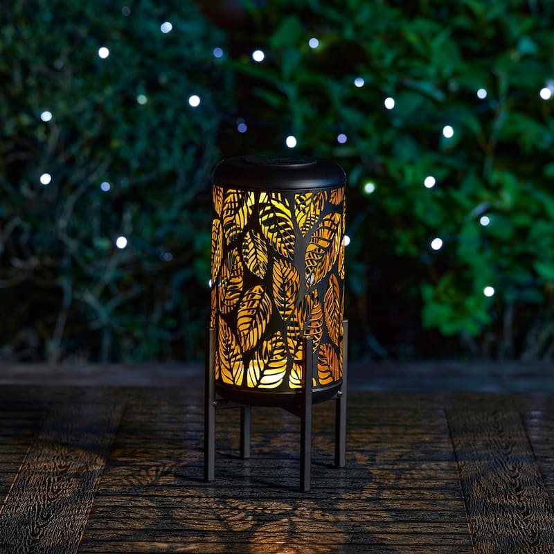 Glitzhome 14"H Outdoor Metal Cutout Flower/Leaves Solar Light Standing Lanterns Waterproof - 1PC Black Leaves