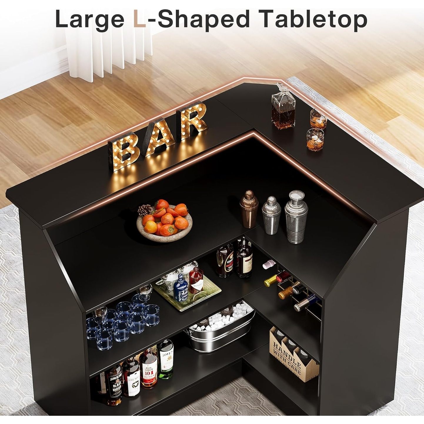 L-Shaped Home Bar Table with Stemware Racks for Home Pub - On Sale