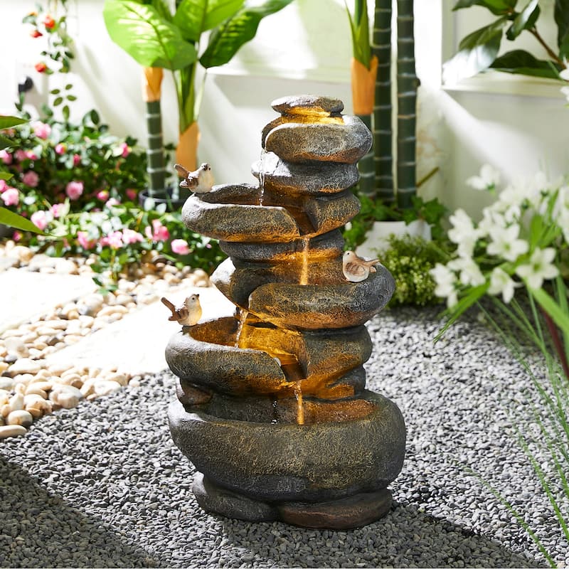 Glitzhome 21"H Zen-Style Faux Stone Birdbath Outdoor Fountain with Birds & LED Light