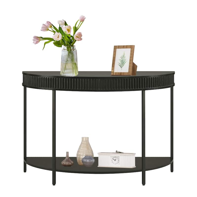 Fluted Half Moon Console Table, 47" Width Modern 2-Tier Black Entryway Console for Living Room Hallway Foyer