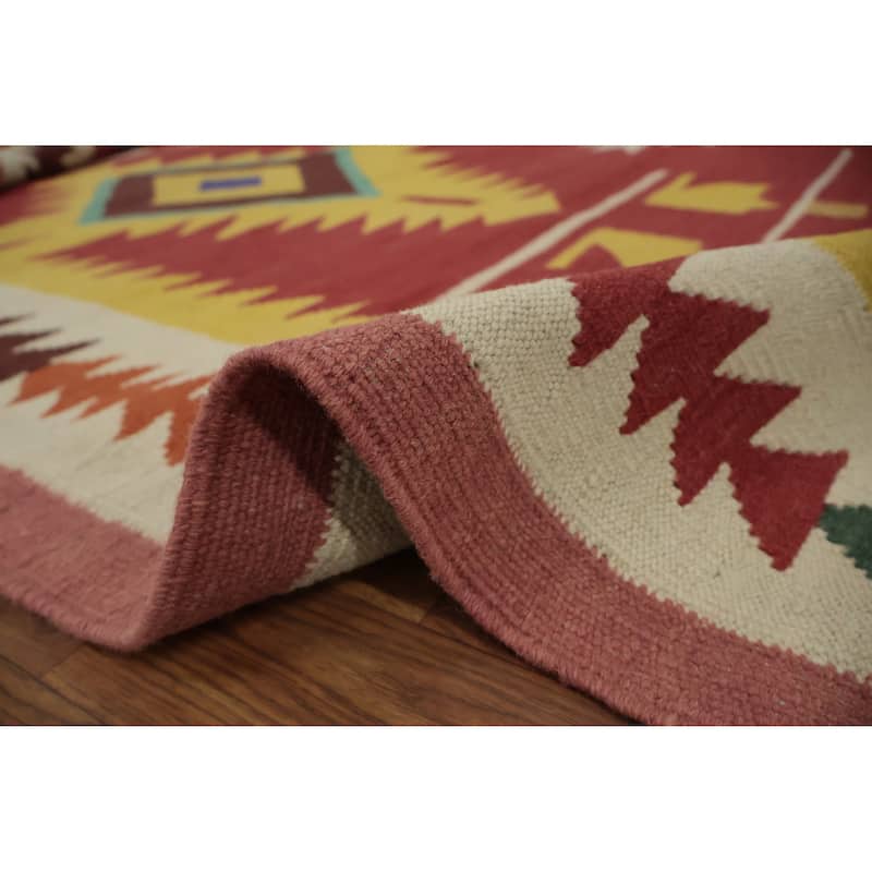 Hand Woven Oriental 100% Wool Carpet Southwestern Tribal Oranges & Rust Kilim Area Rug - 9' 7'' X 8' 2''