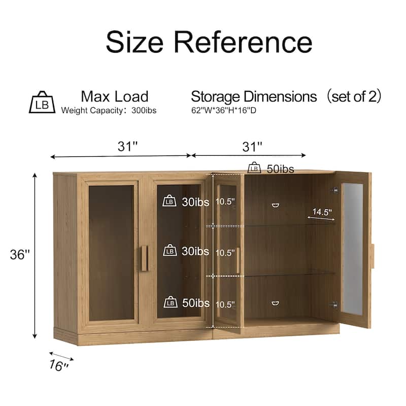 62"LX36"H Solid Wood Kitchen Pantry Sideboard Buffet Cabinet Storage with with Glass Doors