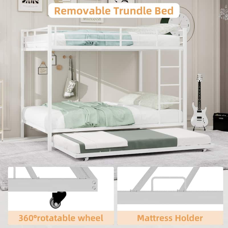 Metal Bunk Bed with Trundle and Safety Rails Modern Minimalist Design for Kids Guest or Shared Rooms