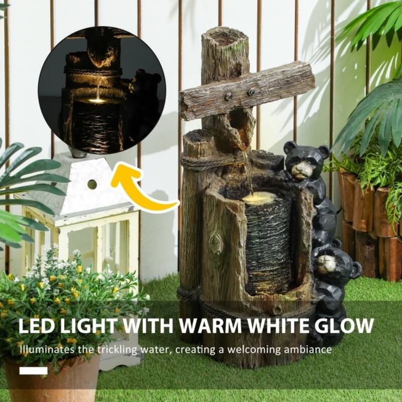 Three Tier Bear Climbing Water Fountain with LED Lights Outdoor Resin Waterfall Feature with Pump - 11.8" L × 10.2" W × 22.8" H