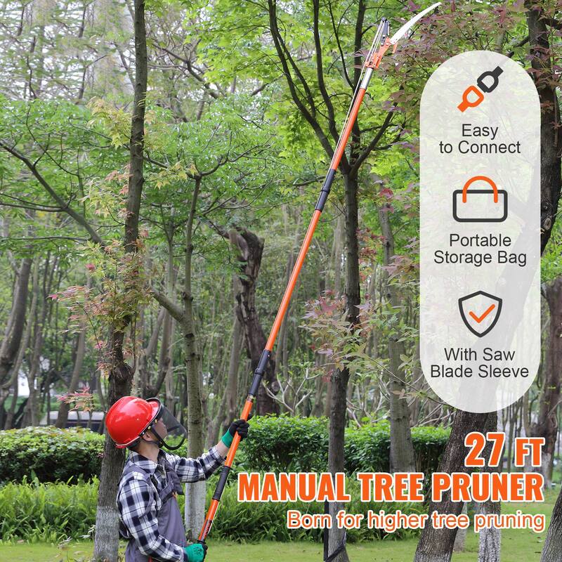 27 Feet Extendable Tree Pruner Pole Saw with Sharp Steel Blade and Scissors Ideal for High Branches and Trimming - 7.3-27 ft