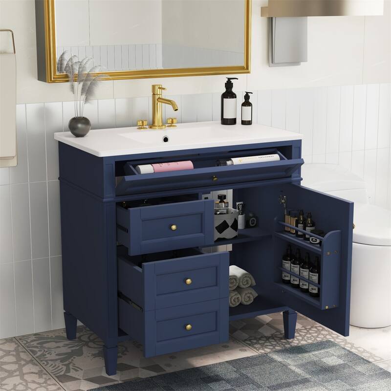 36'' Bathroom Storage Vanity Cabinet with Single Ceramic Sink, Drawers - Blue