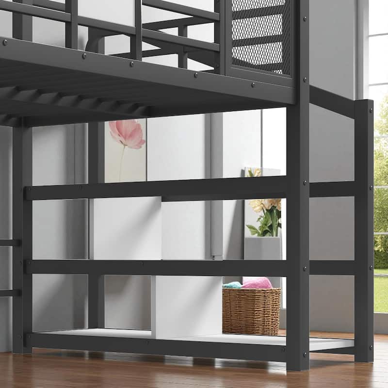 Twin/Full Metal House Loft Bed with Slide and Stairs, Kids Playhouse Bed with Roof, Storage Shelves & Guardrails