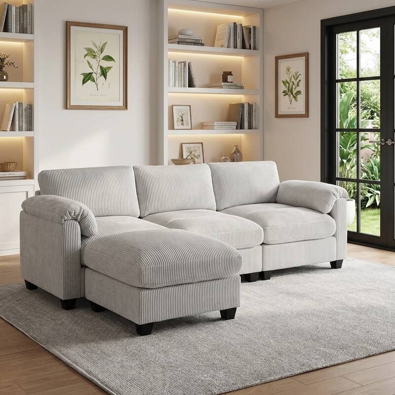 Modern Couduroy Overized Modular Sectional Sofa Couch with Ottoman for Living Room - Light Grey/L-Shaped Sofa - Reversible
