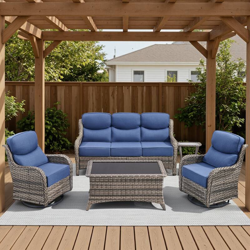 Meyreso 7-Piece Wicker Patio Conversation Set with Swivel Gliders and 6-Inch Thick Cushions - 5-Piece - Gray/Navy Blue
