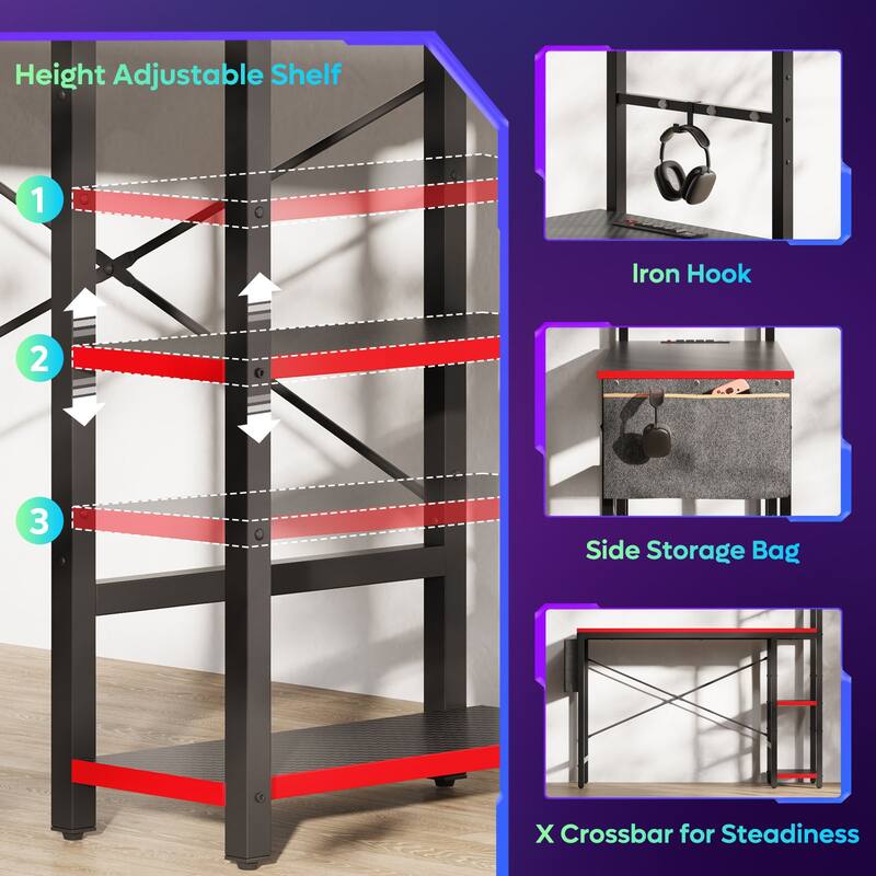 Computer Desk Home Office Desk with LED & Adjustable Shelves