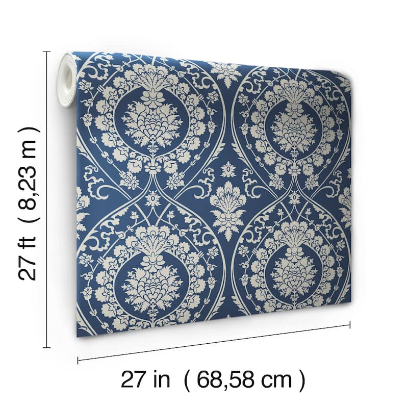 Fargo Navy/Silver Non-Woven Unpasted Damask Imperial Damask Wallpaper Covers about 60.75 sq. ft.
