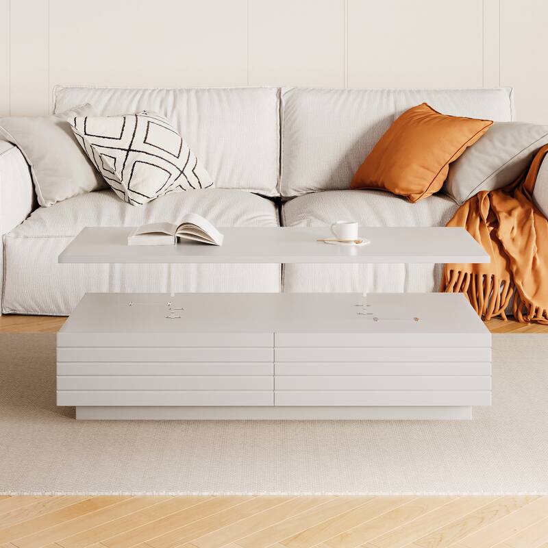 Modern White Rectangular LED Lights Coffee Table with 2 Drawers - White