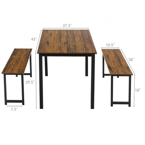 3 Pieces Modern Dining Table Bench Set with Wooden Tabletop and Metal ...