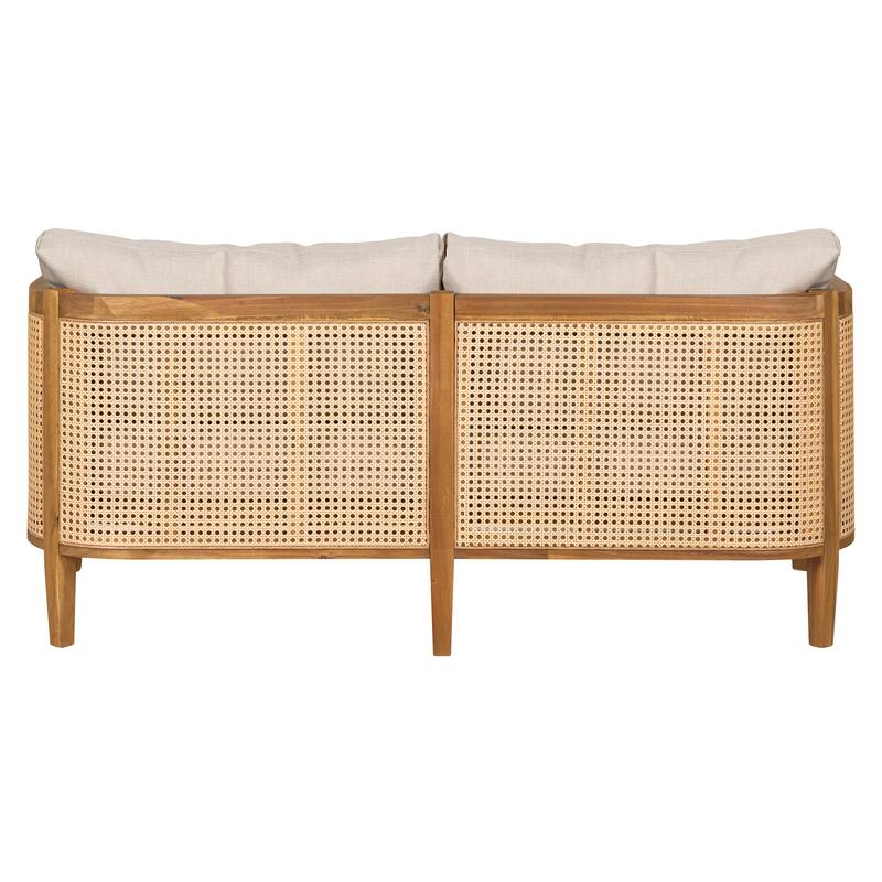 Roomfitters Kirkby Outdoor Acacia Wood Sofa with Wicker Back and Cushion, Boho Teak Finish