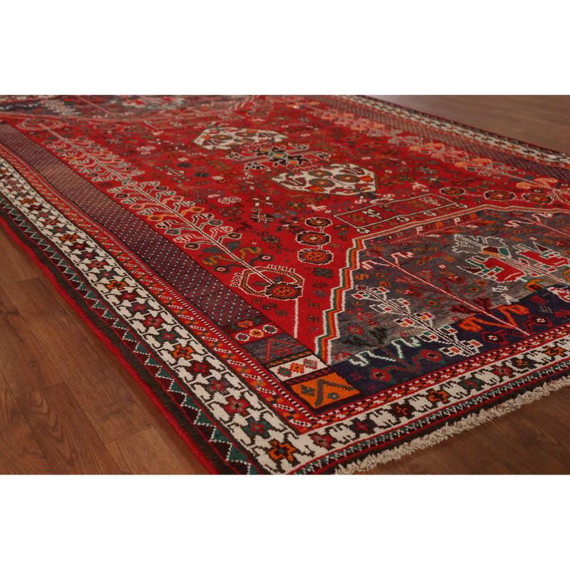 Hand Knotted Oriental 100% Wool Carpet Traditional Tribal Red Qashqai Area Rug - 9' 5'' X 6' 5''