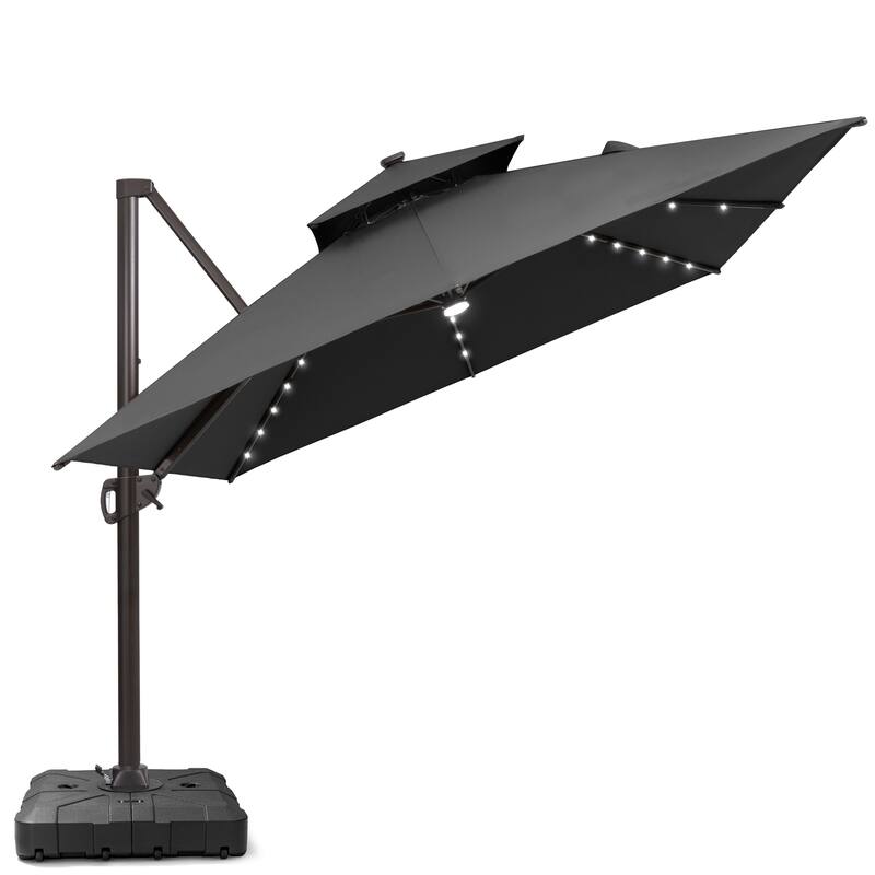 10X13 FT Outdoor Cantilever Patio Umbrella Solar LED Light with Wheel Base - Black