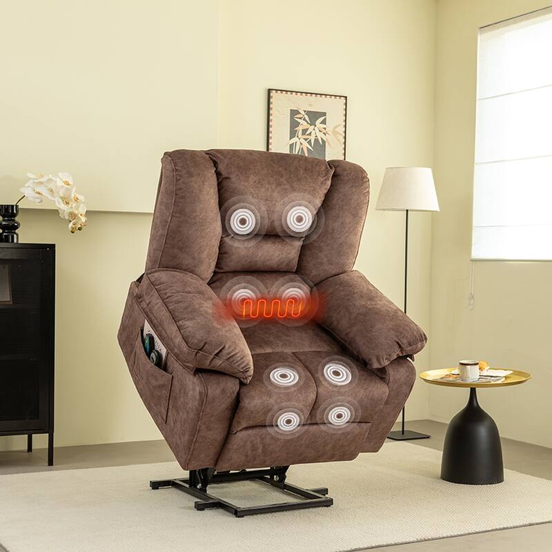 Brown Velvet Power Lift Recliner, Massage, Heated, Pockets, 8-Point - Brown