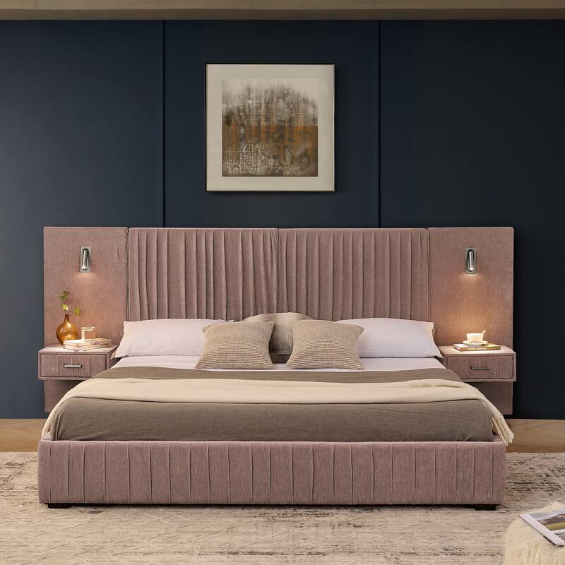 Pleating Upholstered Bed Platform Bed Frame with Enlarged Widened Headboard and Integrated Bedside Table Adjustable Bedside Lamp