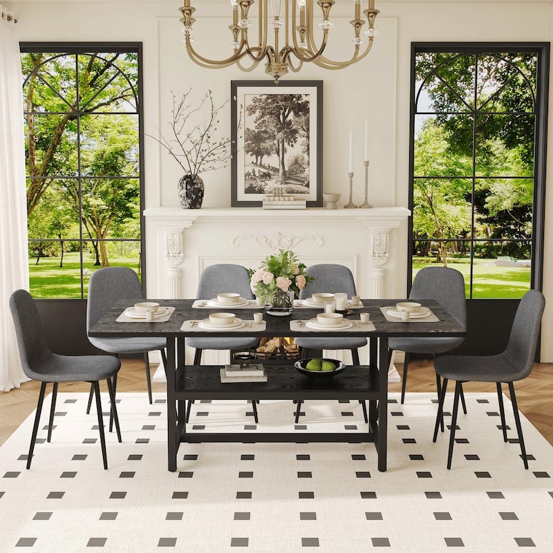 7-Piece Modern Dining Table Set, 71x35.4 Inch Wood Grain Table with 6 Linen-Cotton High