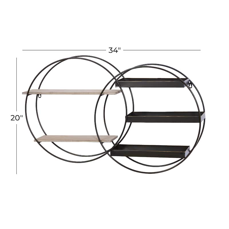 Metal Overlapping Circle 5 Level Geometric Wall Shelf with Wood Accents - Gold or Black