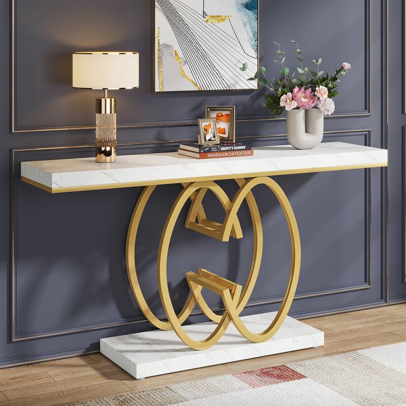 55 INCH White Console Table Modern Accent Table For Entryway with Geometric Base