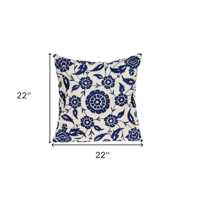 HomeRoots 22" Beige and Indigo Floral Cotton Throw Pillow With Embroidery