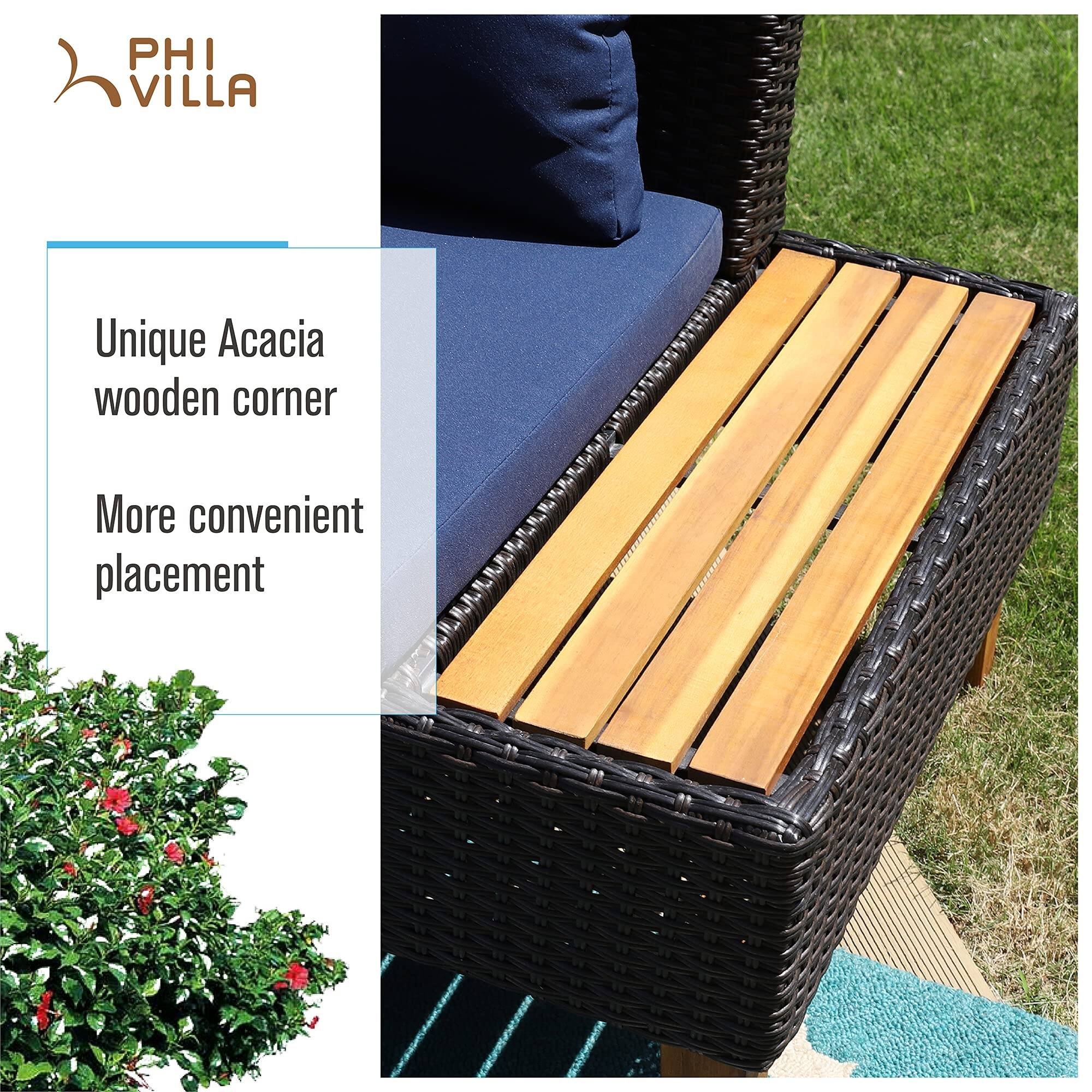 PHI VILLA 3Piece Outdoor Rattan & Wood Sectional Sofa Conversation Set With Cushions Bed Bath