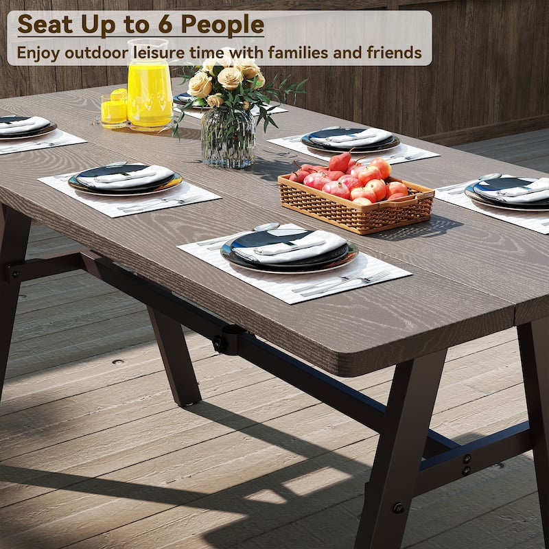 Dark Brown Metal Rectangular Patio Table with Umbrella Hole 6 Seater - 59" x 29.5" x 29.5"