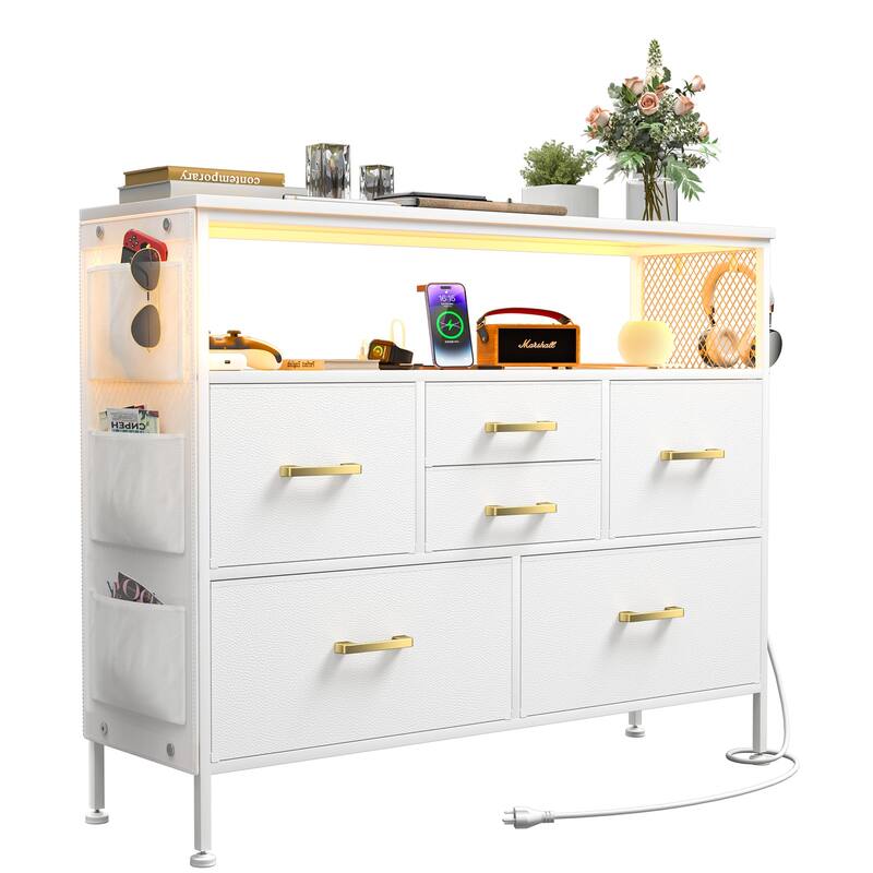 Dresser for Bedroom TV Stand with Power Outlets and LED Light, 6 Dresser with Shelves for 45" TV, PU Finish
