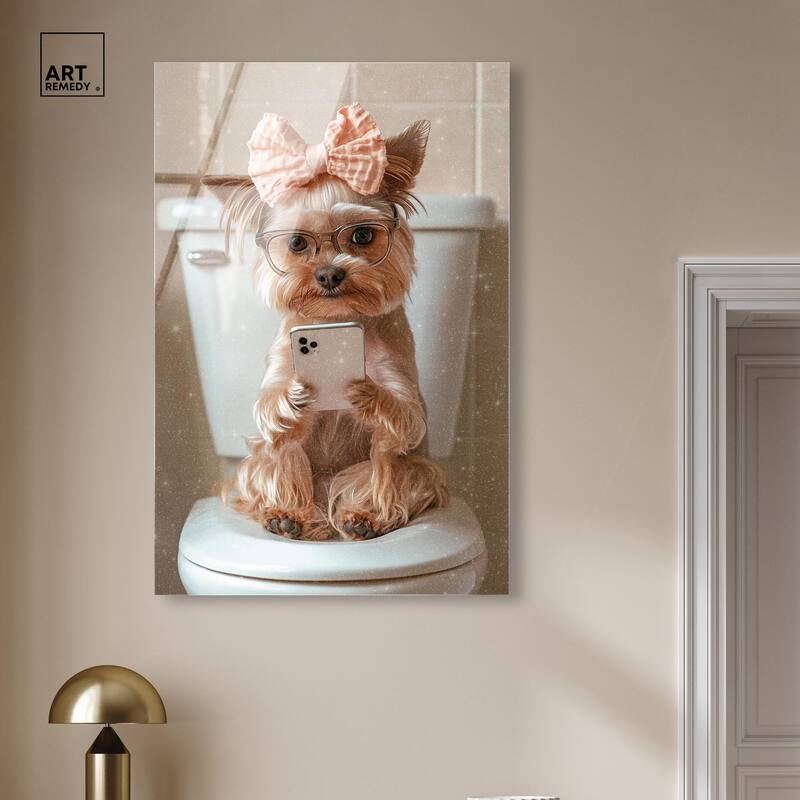 Cute Yorkie on the Toilet Acrylic by Art Remedy, Ready to Hang