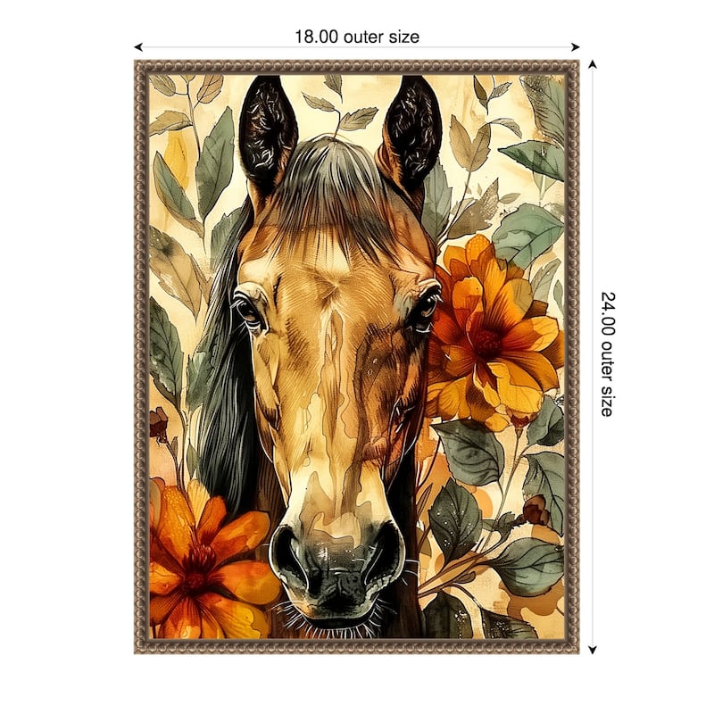 Horse in Flowers by Justyna Jaszke Framed Canvas Wall Art - 18 x 24 in