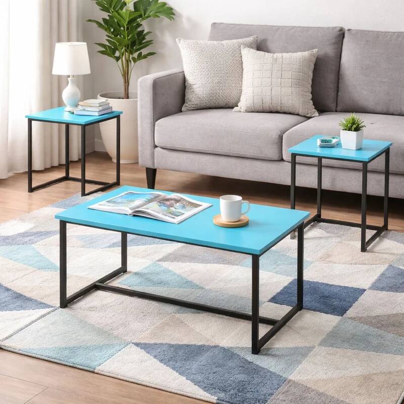 Ont 3 Piece Coffee Table and End Table Set, Carbon Fiber Top, Blue