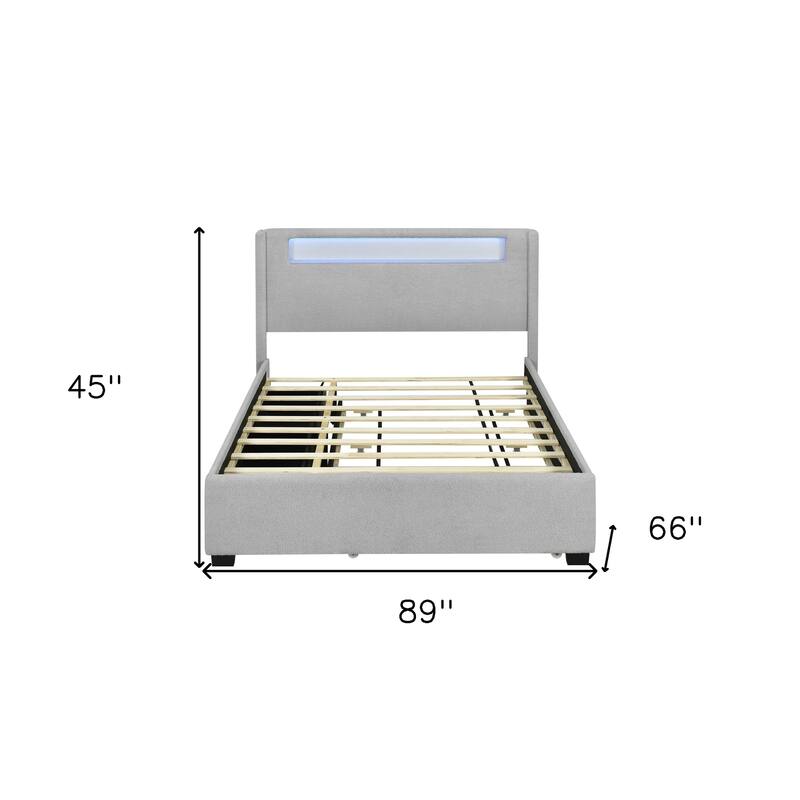HomeRoots Light Gray Tufted Boucle Lighted Queen Bed Frame With Trundle And USB And Drawers