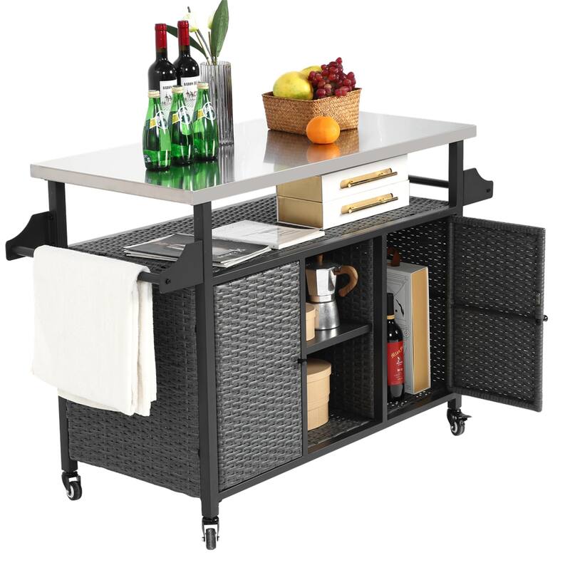 Outdoor Wicker Rolling Island w/ Stainless Steel Extended Top,Handle