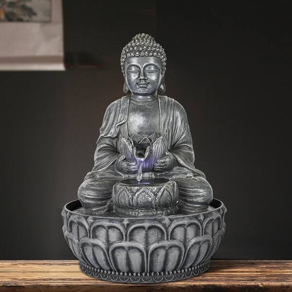slide 1 of 18, Indoor Buddha Tabletop Waterfall Fountain for Home, Office Decoration Dark Grey