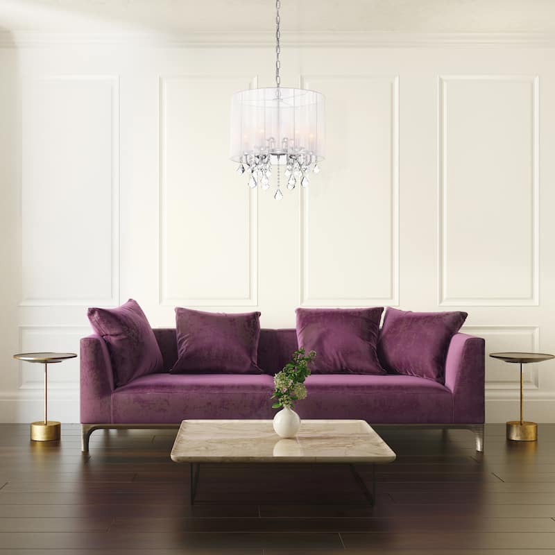 Chrome 6 -Light White Threaded Drum Shade Chandelier with Crystal