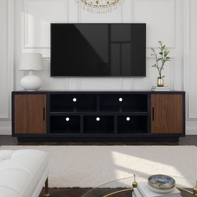Bridgevine Home Aria 85 inch TV Stand for TVs up to 95 inches, No Assembly Required, Black and Walnut Finish